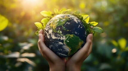 Earth held in hands, surrounded by leaves