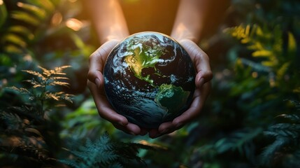 Hands holding Earth in a lush jungle