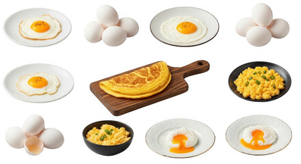 Deliciously Diverse Cooked Egg Dishes: a Breakfast Guide Featuring Fried, Scrambled, and Omelette Variants with Fresh Ingredients, isolated on a transparent background