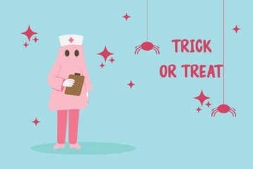 Vector illustration Nurse in pink ghost costume holding clipboard, with "Trick or Treat" text on blue background Hanging pink spiders Cute fun Halloween design Concept of medical institutions