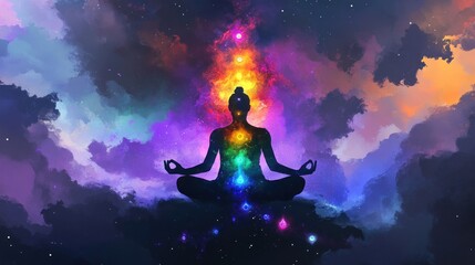 Silhouette of meditating figure, cosmic energy