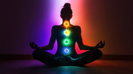 Silhouetted figure in meditation, chakras highlighted