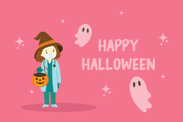 Vector illustration Nurse with stethoscope Witch hat holding pumpkin candy basket surrounded by ghosts Pink background "Happy Halloween" text Fun holiday design Concept of medical institutions