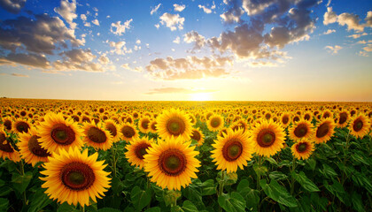 Obraz premium Field of giant sunflowers, sun setting. AI