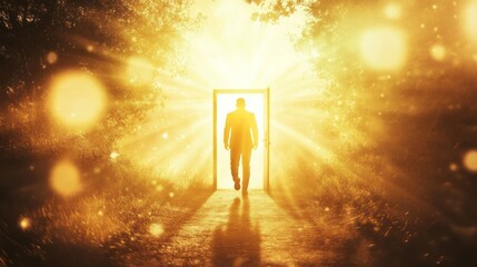 Man walks through golden portal