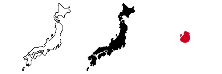 Japan map icon set. Japan map line icon,japan map silhouette icon,japan map with flag texture