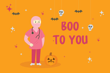 Halloween greeting card featuring doctor in pink uniform dressed as mummy with 