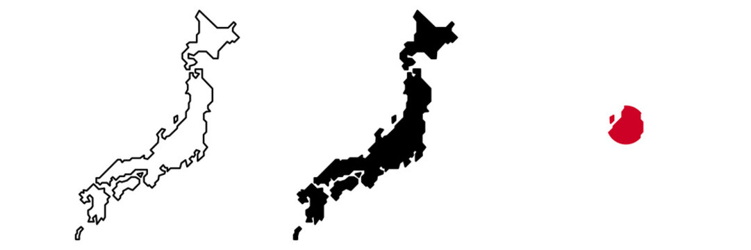 Japan map icon set. Japan map line icon,japan map silhouette icon,japan map with flag texture