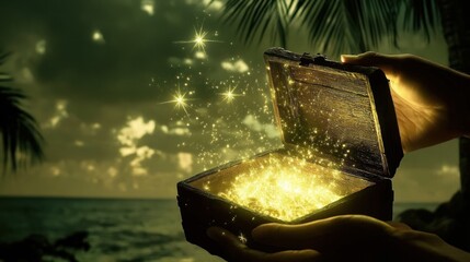 Treasure chest opening at sunset