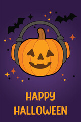 Vertical Halloween greeting card "Happy Halloween" text on purple background featuring smiling pumpkin wearing big headphones, surrounded by flying bats Fun festive vector design IT industry