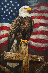 Naklejka premium Patriotic Painting of a Majestic Bald Eagle Perched on a Wooden Cross Before an American Flag.