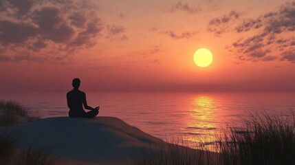 Silhouette of person meditating at sunset over ocean