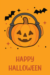 Vertical Halloween greeting card "Happy Halloween" text Orange background featuring smiling pumpkin wearing big headphones, surrounded by flying bats Fun festive vector design IT industry Music lover