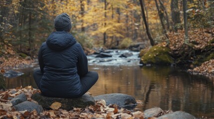 Person meditating by a stream in autumn forest