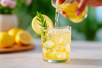 Man pouring kombucha cocktail with lemon and rosemary for refreshing summer organic beverage