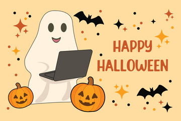 Halloween greeting card with "Happy Halloween" text on orange background featuring friendly ghost using a laptop, surrounded by pumpkins and bats. Fun vector for seasonal designs IT industry