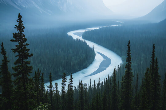 Serene winding river through a misty forest valley with mountains
