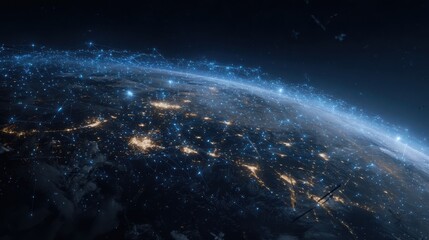 Fototapeta premium Earth during nighttime, displaying vibrant city lights interwoven with glowing data streams. It highlights the interconnectedness of urban centers around the globe