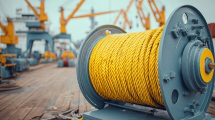 Obraz premium Rugged yellow rope is coiled on a large reel, part of the cargo handling equipment at a bustling port. Cranes and containers create a busy backdrop under cloudy skies
