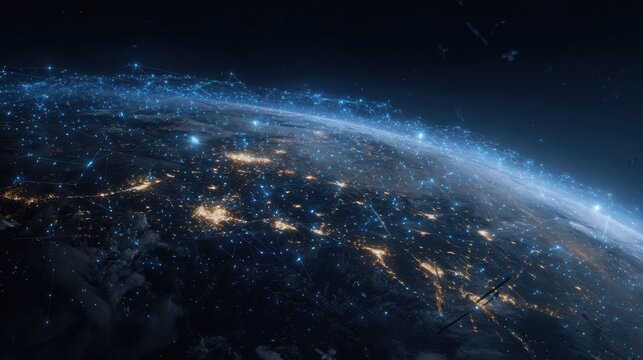 Earth during nighttime, displaying vibrant city lights interwoven with glowing data streams. It highlights the interconnectedness of urban centers around the globe