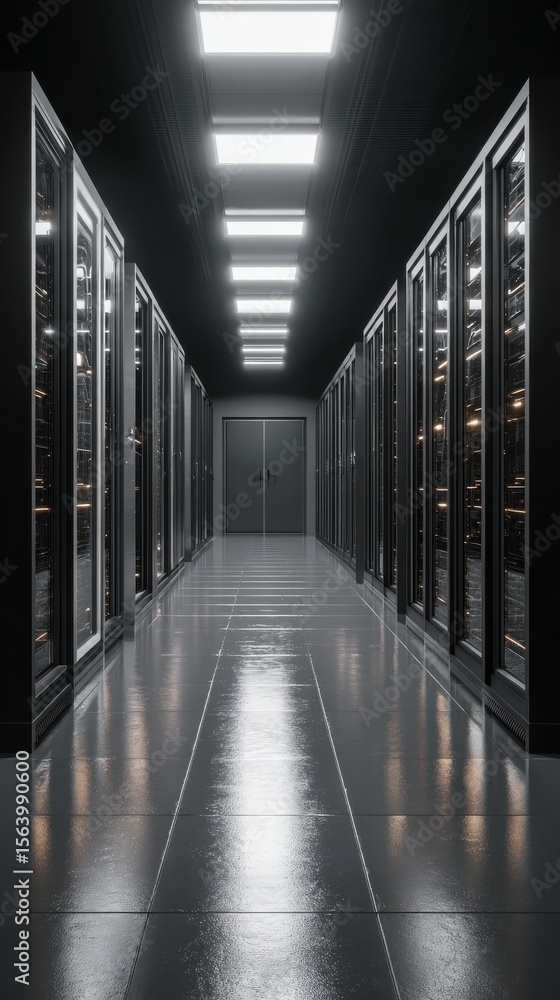 Poster high-tech server room corridor with rows of dark racks and bright ceiling lights in a modern data ce