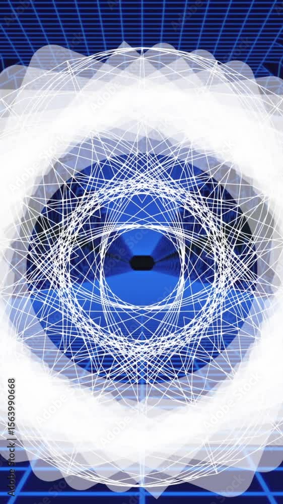 Poster animation of multiple white geometric shapes spinning on seamless loop with blue grid in background