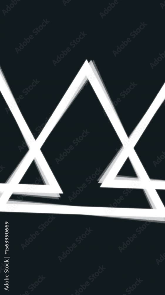 Poster animation of multiple white triangles spinning on seamless loop over black background