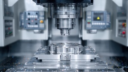 Advanced CNC machine operates on a metal workpiece in a well-lit workshop, showcasing precision engineering. Metal shavings scatter around, highlighting the detailed cutting process
