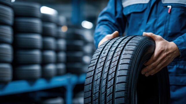 In a bustling automotive workshop, a worker carefully examines a tire's tread and quality amidst stacks of tires, highlighting a focus on vehicle maintenance and safety