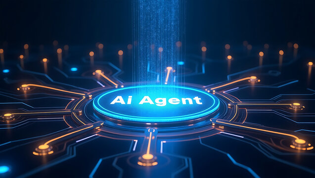 Futuristic ai agent interface with digital data stream and glowing circuitry
