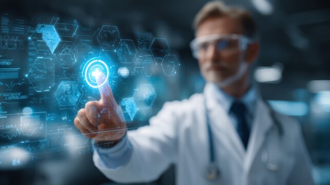A healthcare professional wearing a lab coat and glasses engages with an interactive digital interface