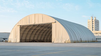 A spacious fabric structure stands in an industrial zone under a blue sky. The large dome shape is prominently displayed, emphasizing its purpose for storage or operations