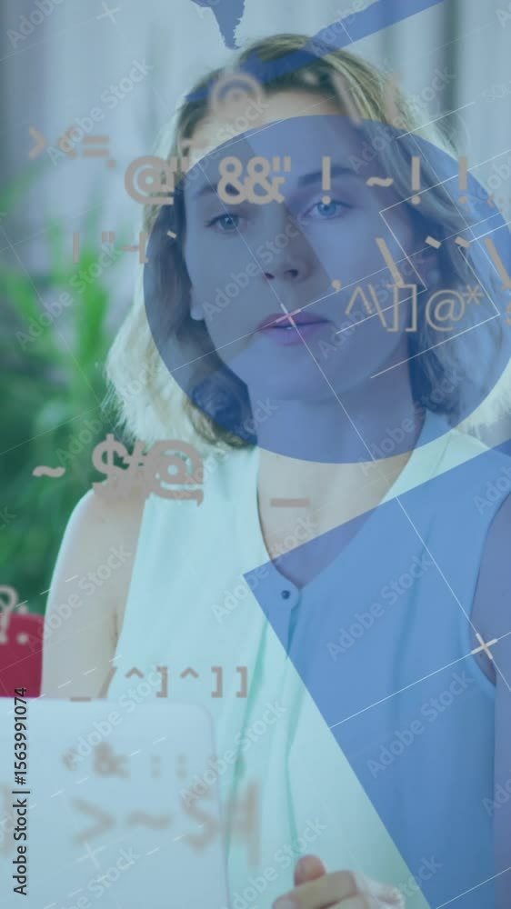 Poster animation of interface with graphs and data with businesswoman and colleagues in meeting