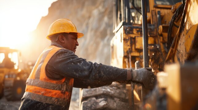A construction worker in a hard hat and safety vest is focused on operating heavy machinery