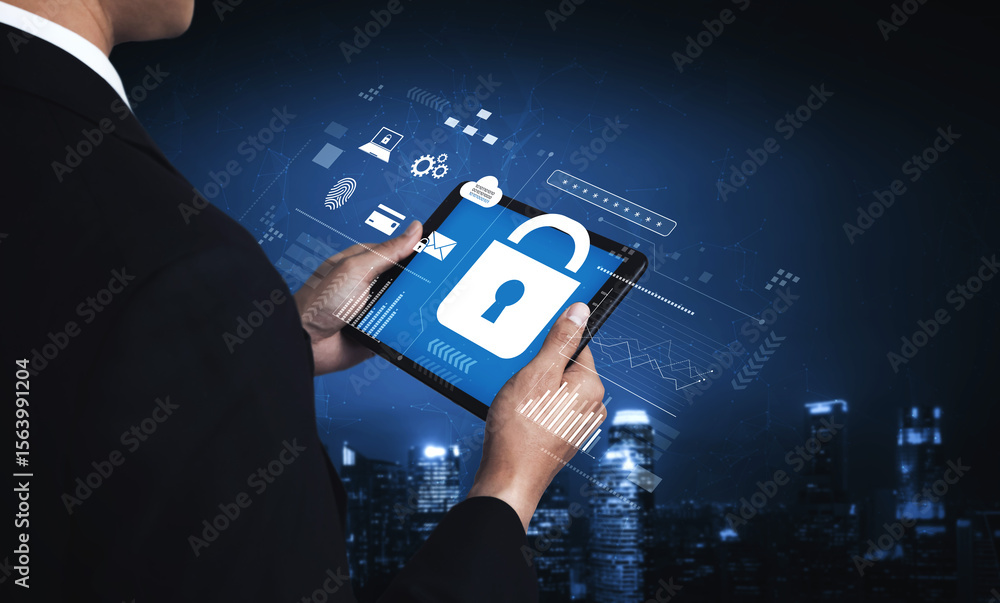 Poster digital cyber security lock system highlighting data security encryption, cyber password protection,