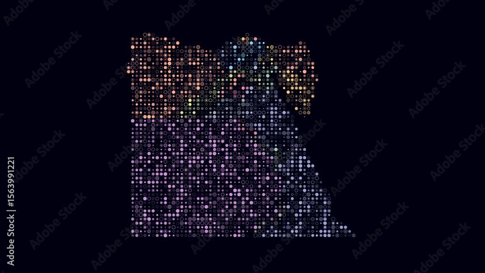 Poster egypt dotted animation. shape of the country build of pulsating colored dots. small size circle bloc