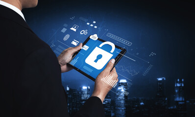 Digital cyber security lock system highlighting data security encryption, cyber password...
