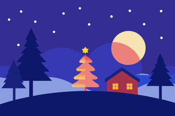 Fototapeta premium Winter snow landscape with Christmas trees and a cozy house illustration at night