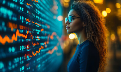 Young woman with glasses analyzing colorful digital stock market data and financial graphs on large screen at night city street for trading and investment
