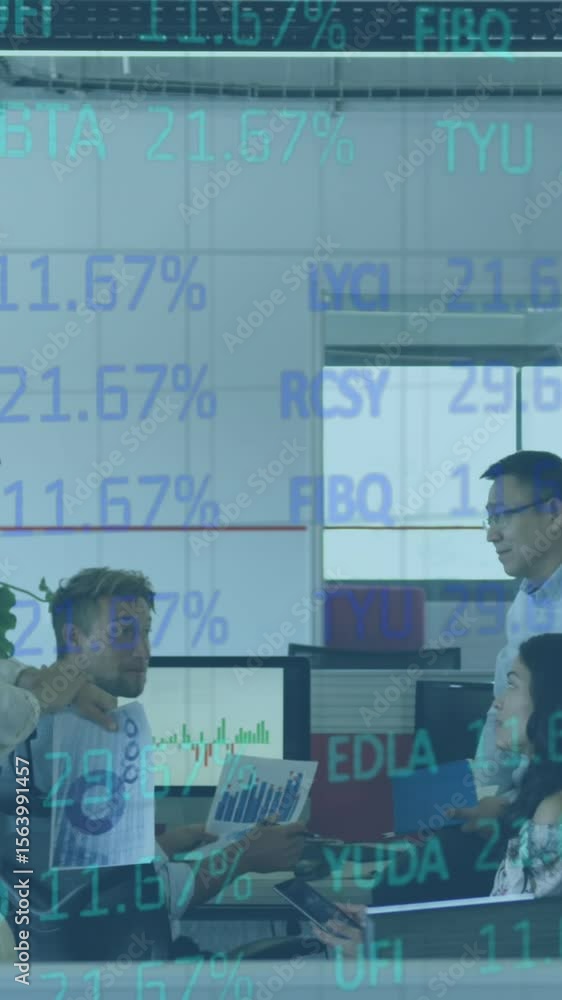 Poster animation of interface showing data and statistics with business colleagues talking in office