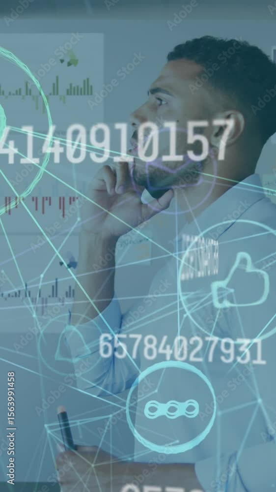 Poster animation of interface with connected media icons with man talking on phone in office