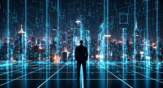 Silhouette of a businessman standing in a futuristic digital cityscape with blue neon grid lines