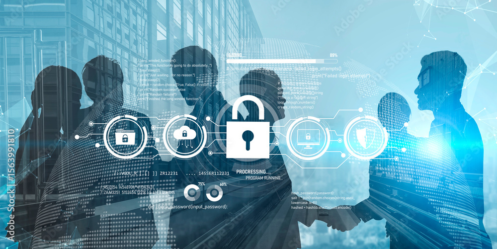 Poster cyber security protects against breaches, hacks, and network attacks using strong infrastructure and
