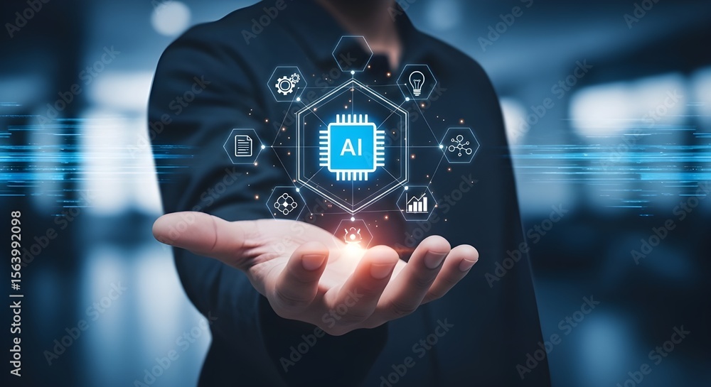 Poster ai innovation in hand - artificial intelligence concept with microchip, business technology and data