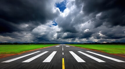Fototapeta premium A wide view of an empty road with bold white markings stretching into the distance under a dramatic cloudy sky