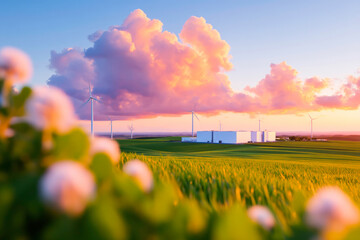 Modern ecofriendly data centers with solar panels in green fields for renewable energy