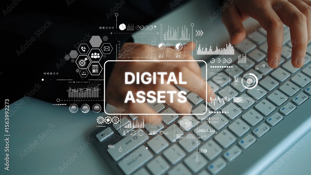 Poster hands typing on keyboard with digital assets concept overlay featuring charts and icons in a modern 