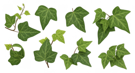 Diverse Collection of Vibrant Ivy Leaves Featuring Unique Shapes and Textures for Nature and Garden Themes, isolated on a transparent background