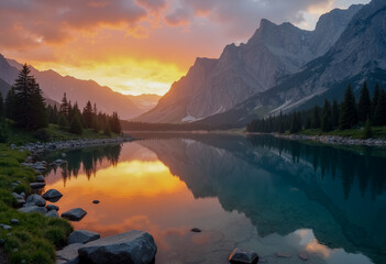 Serene mountain lake reflection at golden sunrise with misty peaks