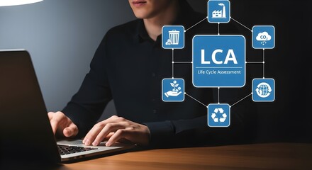 LCA Life Cycle Assessment Concept with Diagram on Screen | Environmental Impact, Sustainability, Ecology for Business, Manufacturing, Supply Chain Analysis